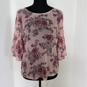Mesh Pink Floral Sheer Bell Sleeve Top Blouse Almost Famous Fairycore Y2K Boho M